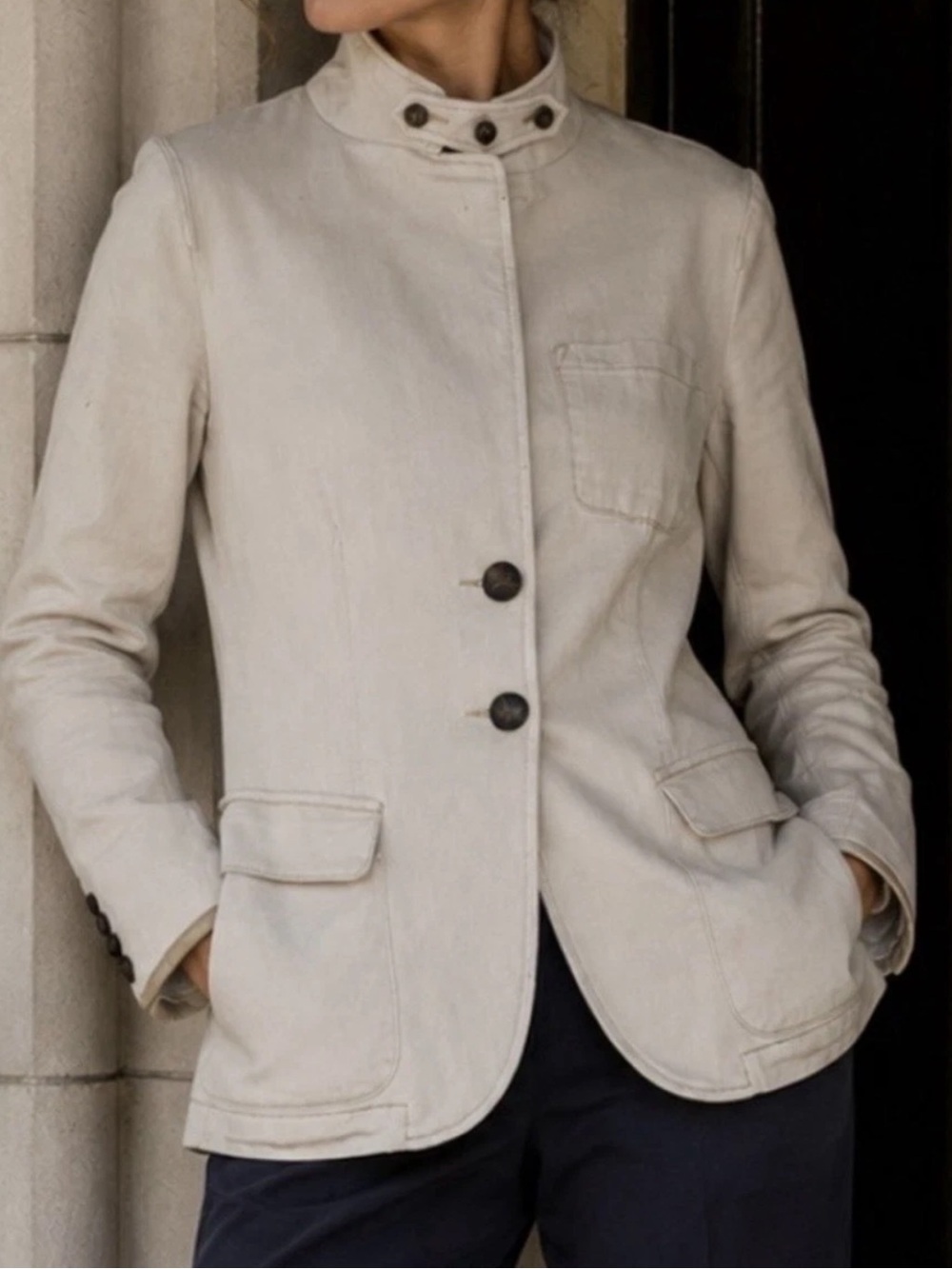 Lauren Ralph Lauren Cotton Jacket Genuine Leather Trim Brown RL Buttons